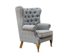Vintage Grey Check Wing Chair In Tweed