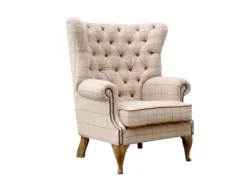 Vintage Natural Check Wing Chair In Tweed