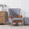 Vintage Grey Check Wing Chair In Leather And Tweed