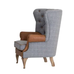 Vintage Grey Check Wing Chair In Leather And Tweed -Furniture Specialty Store CH73 CG 4
