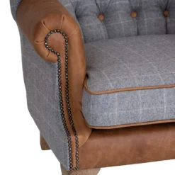 Vintage Grey Check Wing Chair In Leather And Tweed -Furniture Specialty Store CH73 CG 7