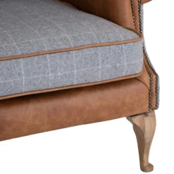 Vintage Grey Check Wing Chair In Leather And Tweed -Furniture Specialty Store CH73 CG 8