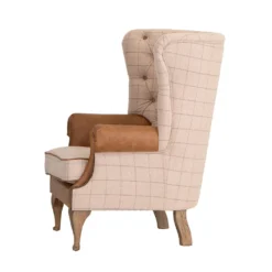 Vintage Natural Check Wing Chair In Leather And Tweed -Furniture Specialty Store CH73 CN 4