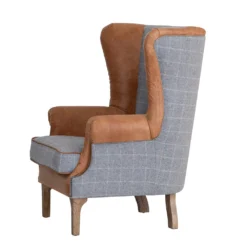 Vintage Grey Check Fluted Wing Chair In Leather And Tweed -Furniture Specialty Store CH75 CG 4