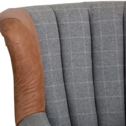 Vintage Grey Check Fluted Wing Chair In Leather And Tweed -Furniture Specialty Store CH75 CG 5