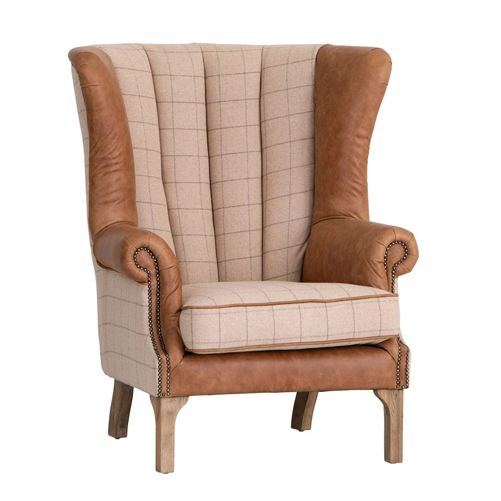 Vintage Natural Check Fluted Wing Chair In Leather And Tweed 2 Vintage Natural Check Fluted Wing Chair In Leather And Tweed - Image 2