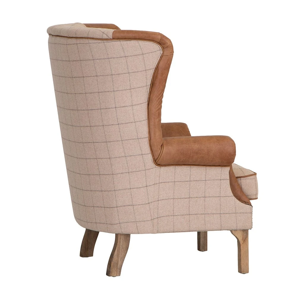 Vintage Natural Check Fluted Wing Chair In Leather And Tweed 7 Vintage Natural Check Fluted Wing Chair In Leather And Tweed - Image 7