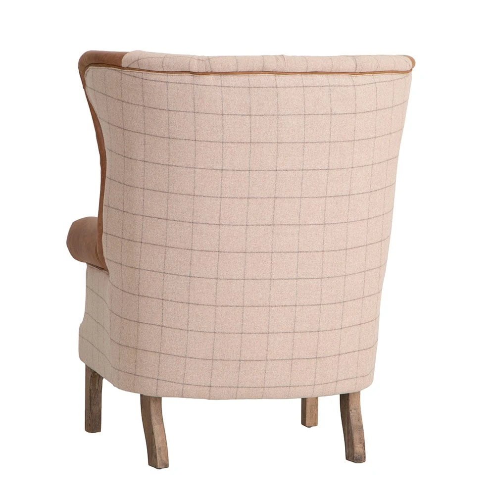 Vintage Natural Check Fluted Wing Chair In Leather And Tweed 8 Vintage Natural Check Fluted Wing Chair In Leather And Tweed - Image 8