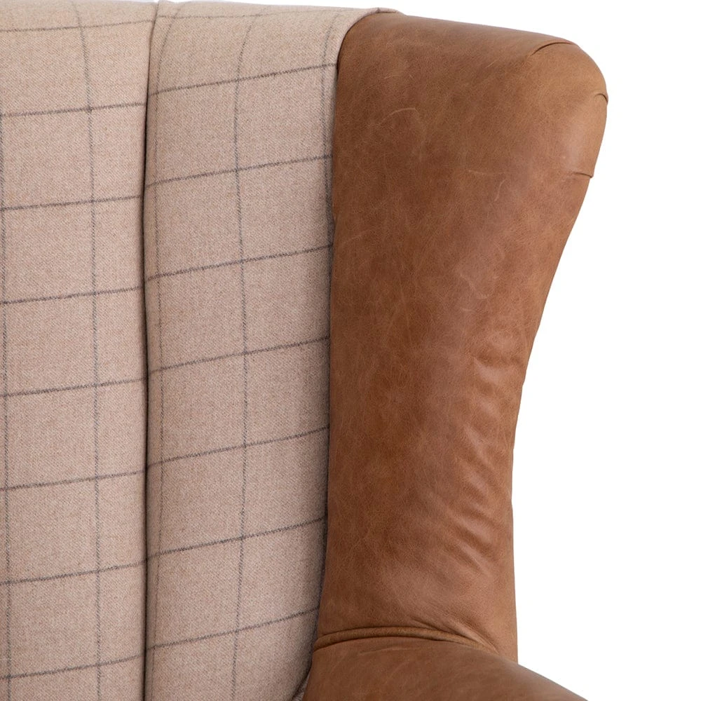 Vintage Natural Check Fluted Wing Chair In Leather And Tweed 6 Vintage Natural Check Fluted Wing Chair In Leather And Tweed - Image 6