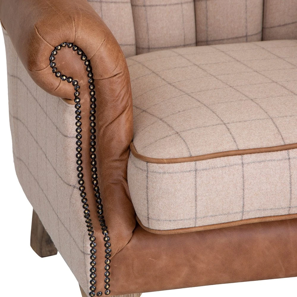 Vintage Natural Check Fluted Wing Chair In Leather And Tweed 5 Vintage Natural Check Fluted Wing Chair In Leather And Tweed - Image 5