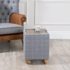 Vintage Grey Check End Table In Tweed With Glass Top
