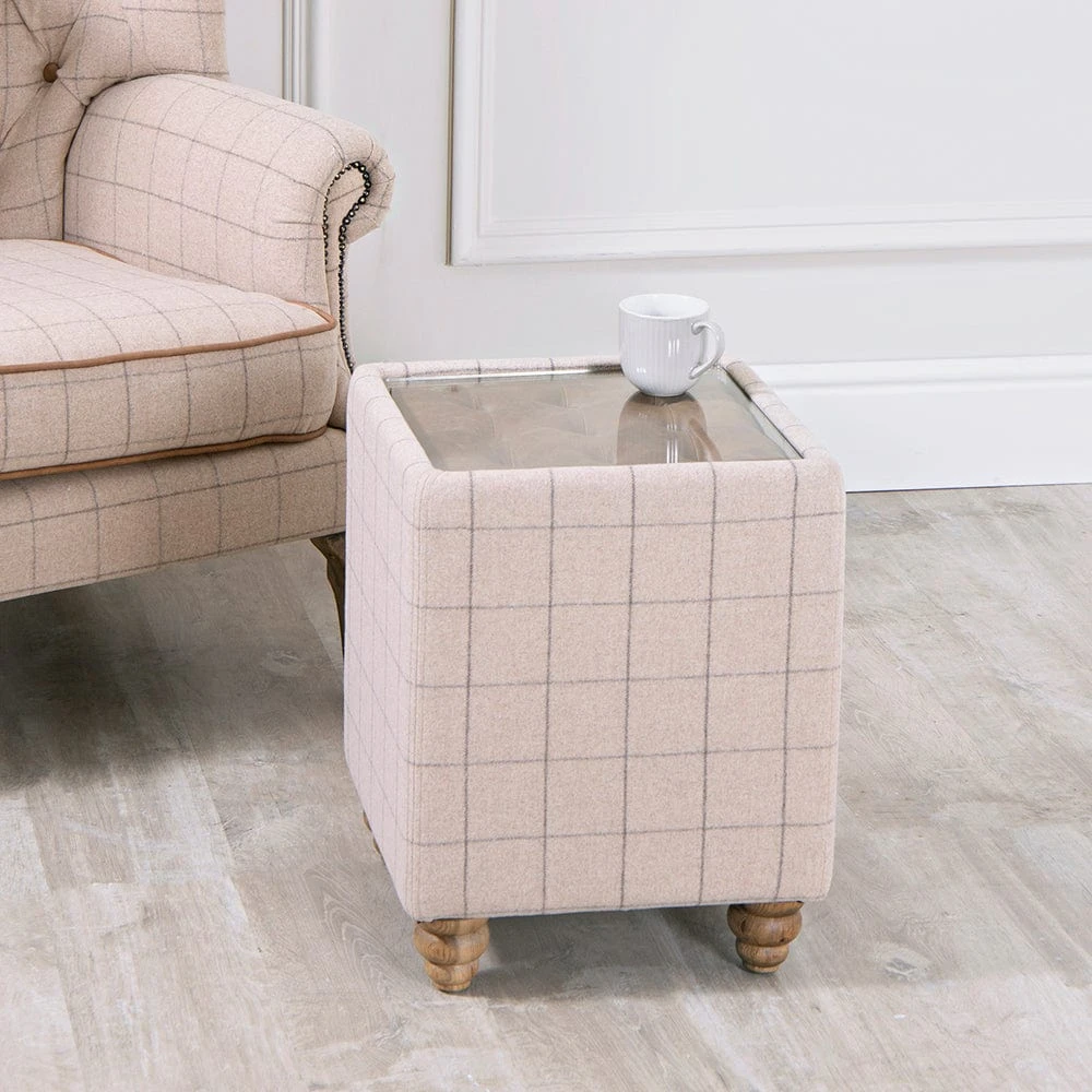 Vintage Natural Check End Table In Tweed With Glass Top 1 Vintage Natural Check End Table In Tweed With Glass Top