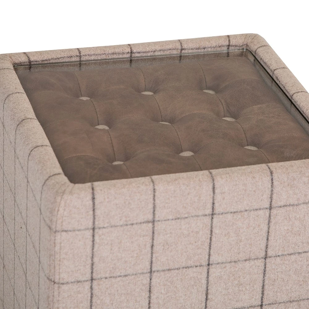 Vintage Natural Check End Table In Tweed With Glass Top 3 Vintage Natural Check End Table In Tweed With Glass Top - Image 3