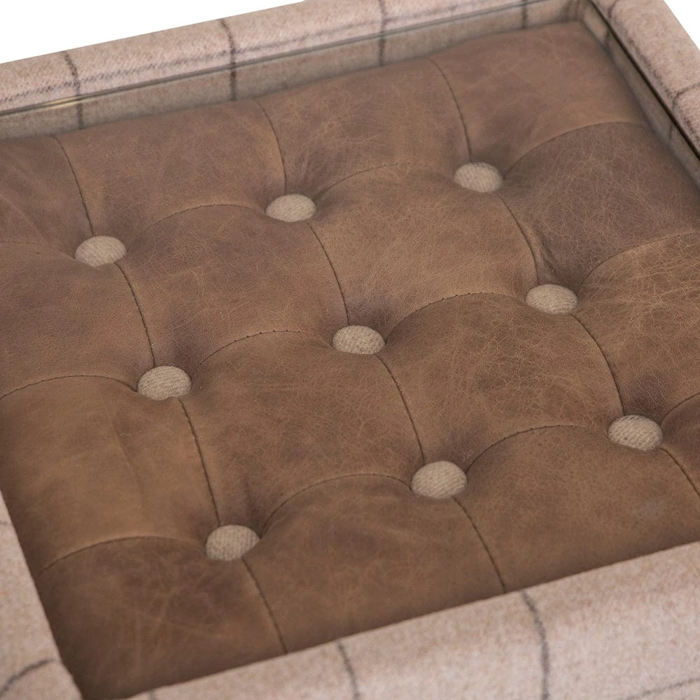 Vintage Natural Check End Table In Tweed With Glass Top 4 Vintage Natural Check End Table In Tweed With Glass Top - Image 4