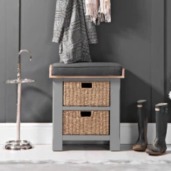 Dorset Storm Grey Painted Oak Small Hall Bench With Wicker Baskets