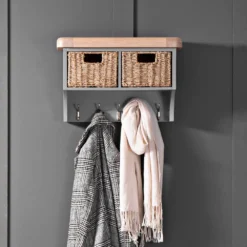 Dorset Storm Grey Painted Oak Small Coat Rack With Wicker Baskets