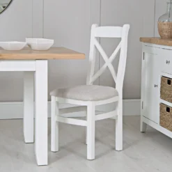 Eaton White Painted Oak Cross Back Dining Chair Fabric Seat