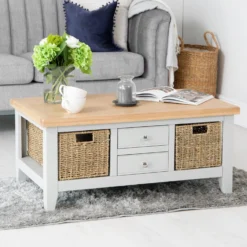 Eaton Grey Painted Oak Large Coffee Table With Wicker Baskets