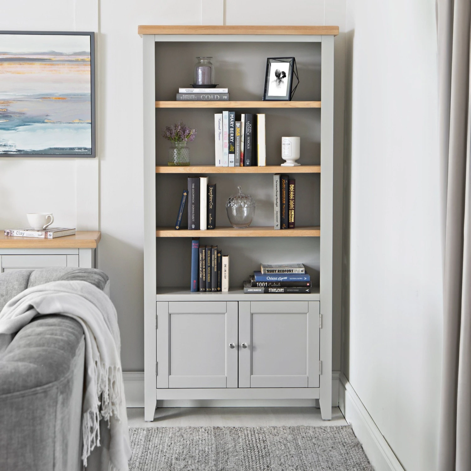 Eaton Grey Painted Oak Large Wide Bookcase 1 Eaton Grey Painted Oak Large Wide Bookcase