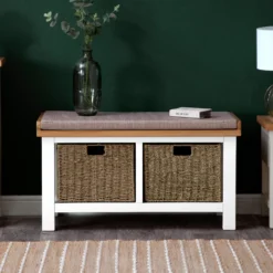 Salisbury White Painted Oak Hall Bench With Wicker Baskets