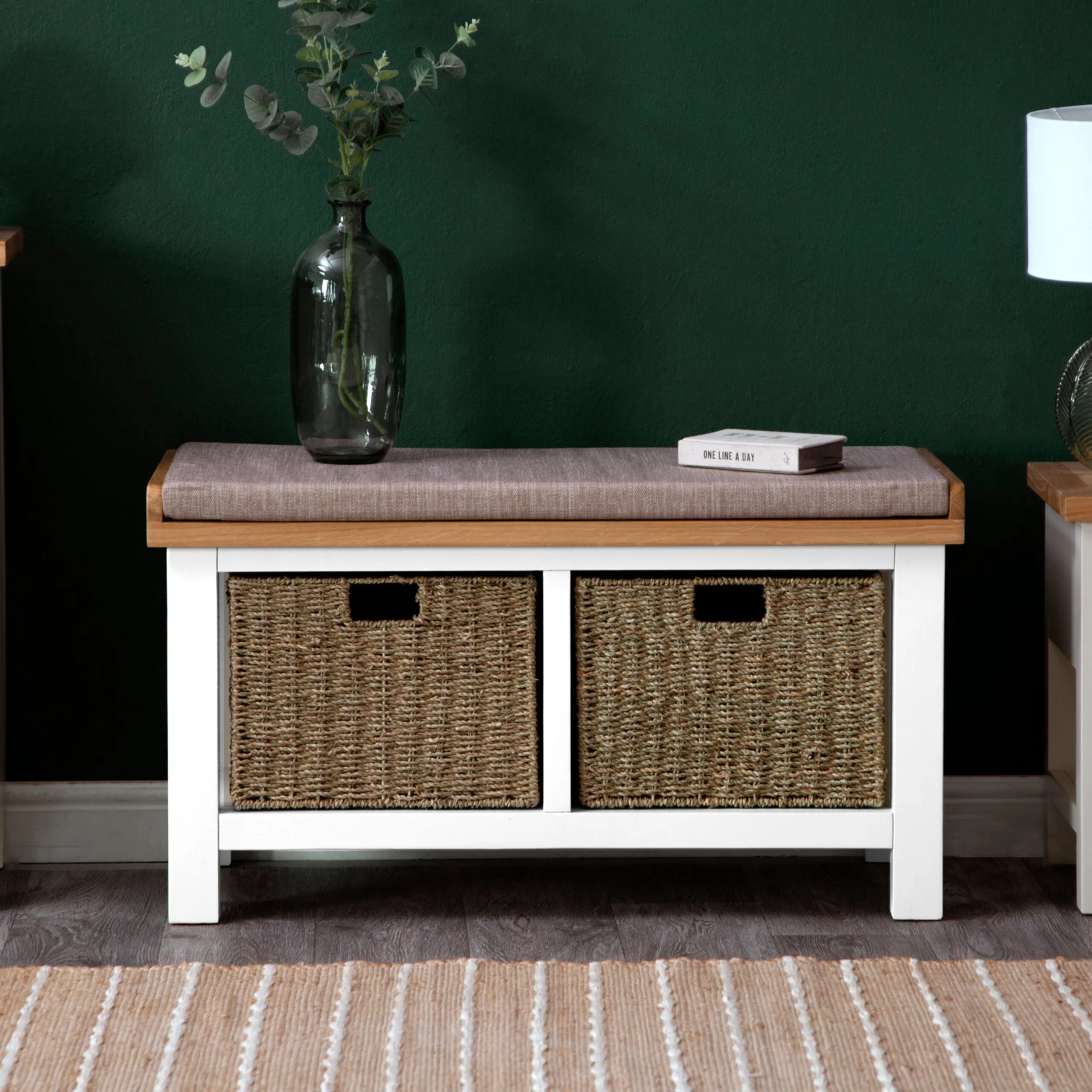 Salisbury White Painted Oak Hall Bench With Wicker Baskets 1 Salisbury White Painted Oak Hall Bench With Wicker Baskets