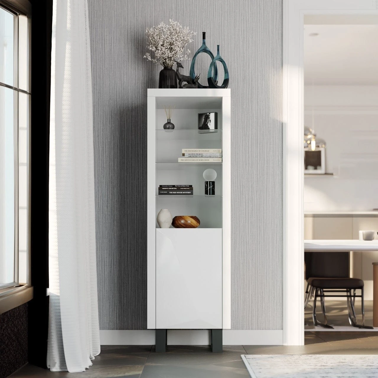Venice Gloss Grey Tall Narrow Bookcase With LED Lighting 1 Venice Gloss Grey Tall Narrow Bookcase With LED Lighting