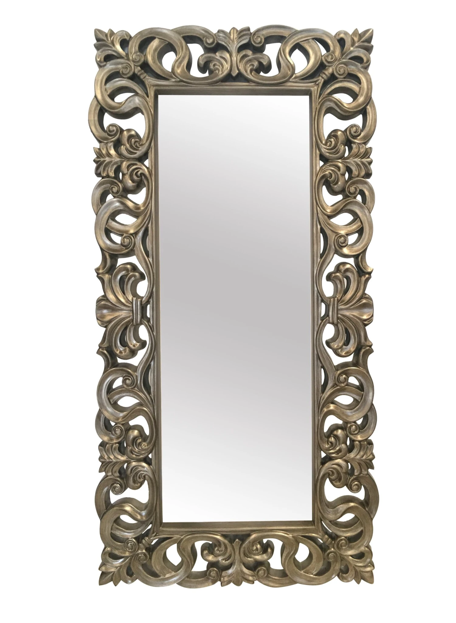 The Mirror Collection Silver Narrow Ornate Leaning Mirror 1 The Mirror Collection Silver Narrow Ornate Leaning Mirror