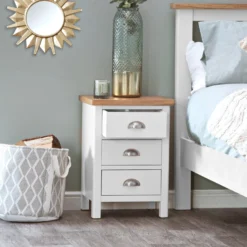 Rutland White Painted Oak 3 Drawer Large Bedside Table