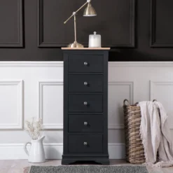 Florence Midnight Grey Painted Oak 5 Drawer Tallboy