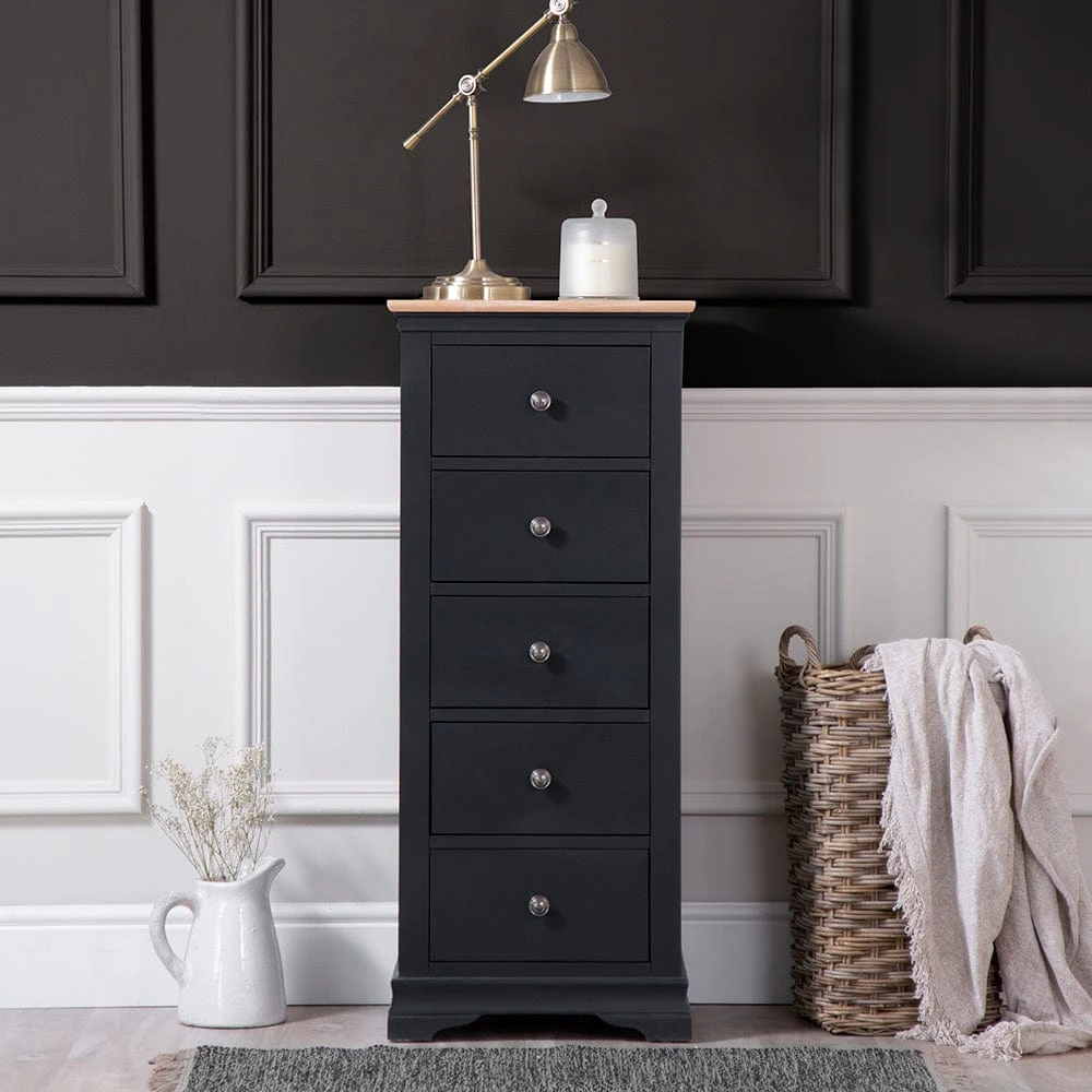 Florence Midnight Grey Painted Oak 5 Drawer Tallboy 1 Florence Midnight Grey Painted Oak 5 Drawer Tallboy
