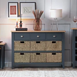 Gloucester Midnight Grey Painted 3 Drawer 6 Wicker Basket Cabinet