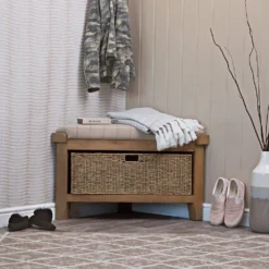 Wessex Smoked Oak Corner Hall Bench With Wicker Basket