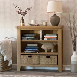 Wessex Smoked Oak Small Bookcase With Wicker Baskets