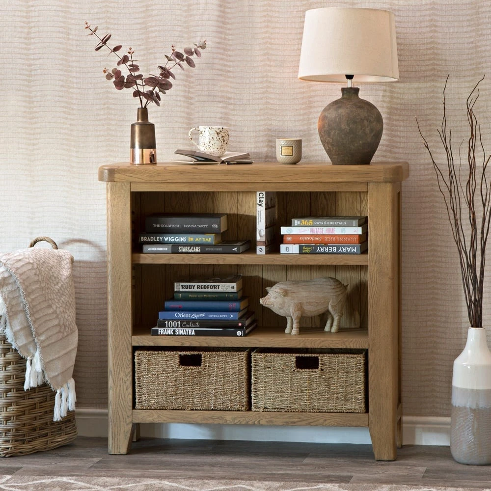 Wessex Smoked Oak Small Bookcase With Wicker Baskets 1 Wessex Smoked Oak Small Bookcase With Wicker Baskets