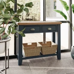 Wessex Smoked Oak Blue Painted Console Table With Wicker Baskets