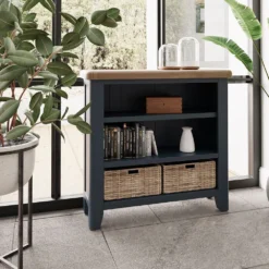 Wessex Smoked Oak Blue Painted Small Bookcase With Wicker Baskets