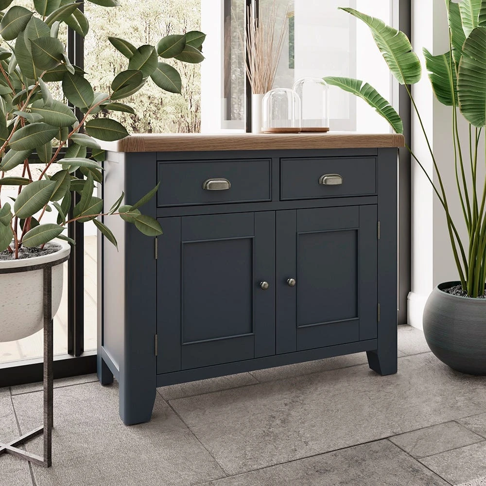 Wessex Smoked Oak Blue Painted Small 2 Drawer 2 Door Sideboard 1 Wessex Smoked Oak Blue Painted Small 2 Drawer 2 Door Sideboard