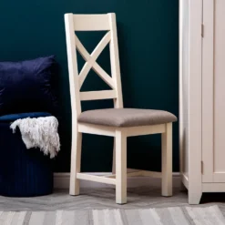 Hampshire Ivory Painted Oak Cross Back Dining Chair Fabric Seat