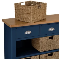Rutland Blue Painted Oak 3 Drawer 6 Wicker Basket Cabinet -Furniture Specialty Store img 7186