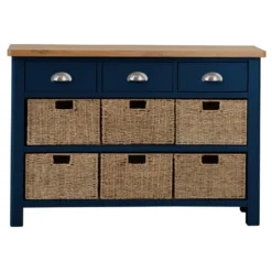 Rutland Blue Painted Oak 3 Drawer 6 Wicker Basket Cabinet -Furniture Specialty Store img 7193