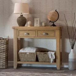 Wessex Smoked Oak Console Table With Wicker Baskets