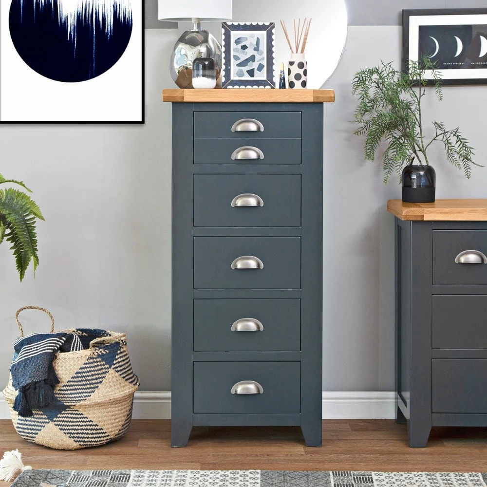 Hampshire Blue Painted Oak 5 Drawer Tallboy 1 Hampshire Blue Painted Oak 5 Drawer Tallboy
