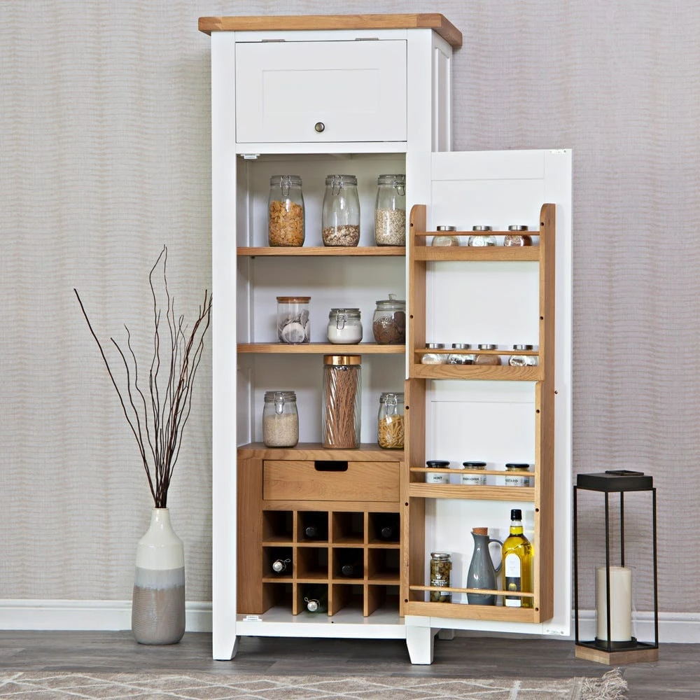Hampshire White Painted Oak Slim Larder Cupboard 1 Hampshire White Painted Oak Slim Larder Cupboard