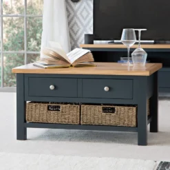 Salisbury Blue Painted Oak Coffee Table With Wicker Baskets