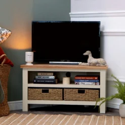 Salisbury Ivory Painted Oak Corner TV Unit With Wicker Baskets