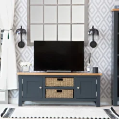 Salisbury Blue Painted Oak Large TV Unit With Wicker Baskets