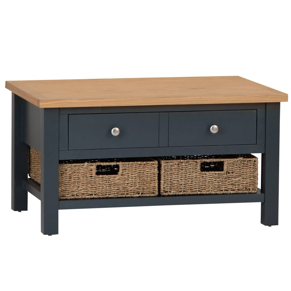 Salisbury Blue Painted Oak Coffee Table With Wicker Baskets 2 Salisbury Blue Painted Oak Coffee Table With Wicker Baskets - Image 2