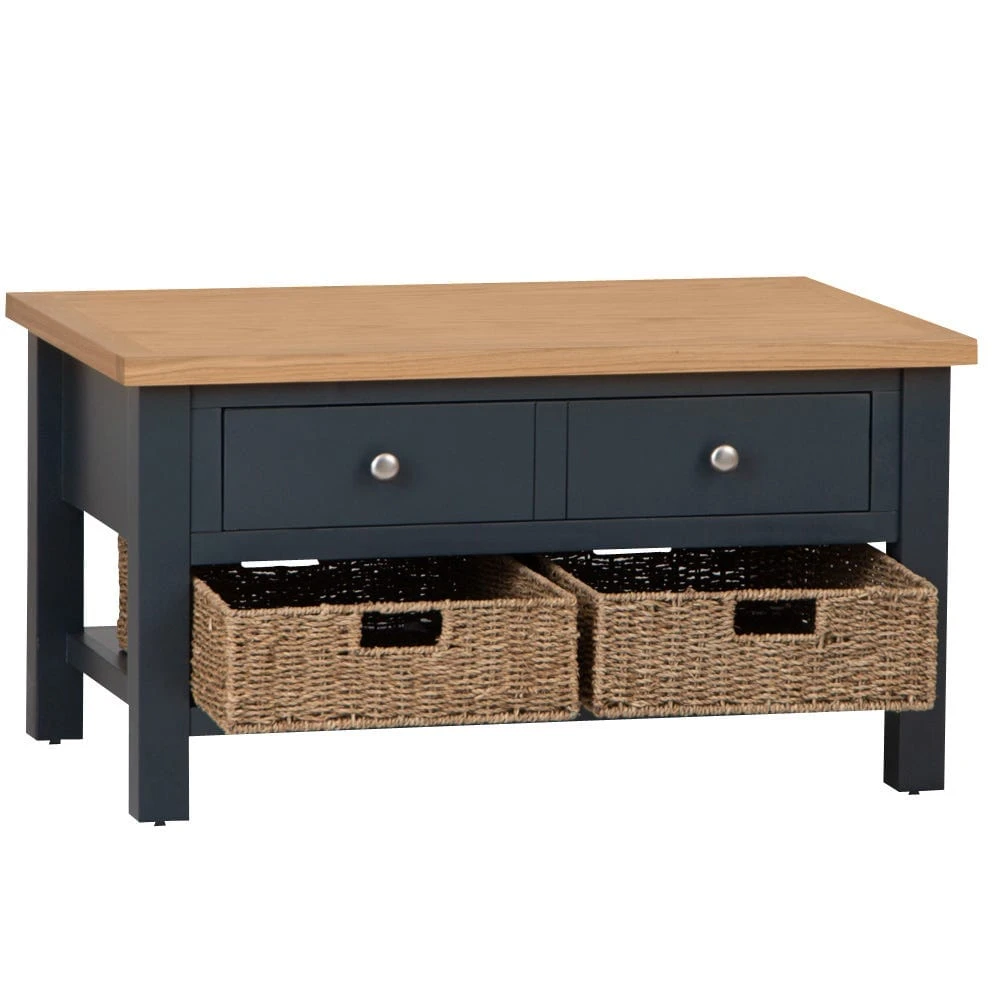 Salisbury Blue Painted Oak Coffee Table With Wicker Baskets 3 Salisbury Blue Painted Oak Coffee Table With Wicker Baskets - Image 3