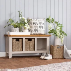 Chester Stone Painted Oak Hall Bench With Wicker Baskets