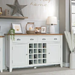 Chester White Painted Oak 2 Door Large Sideboard With Wine Rack